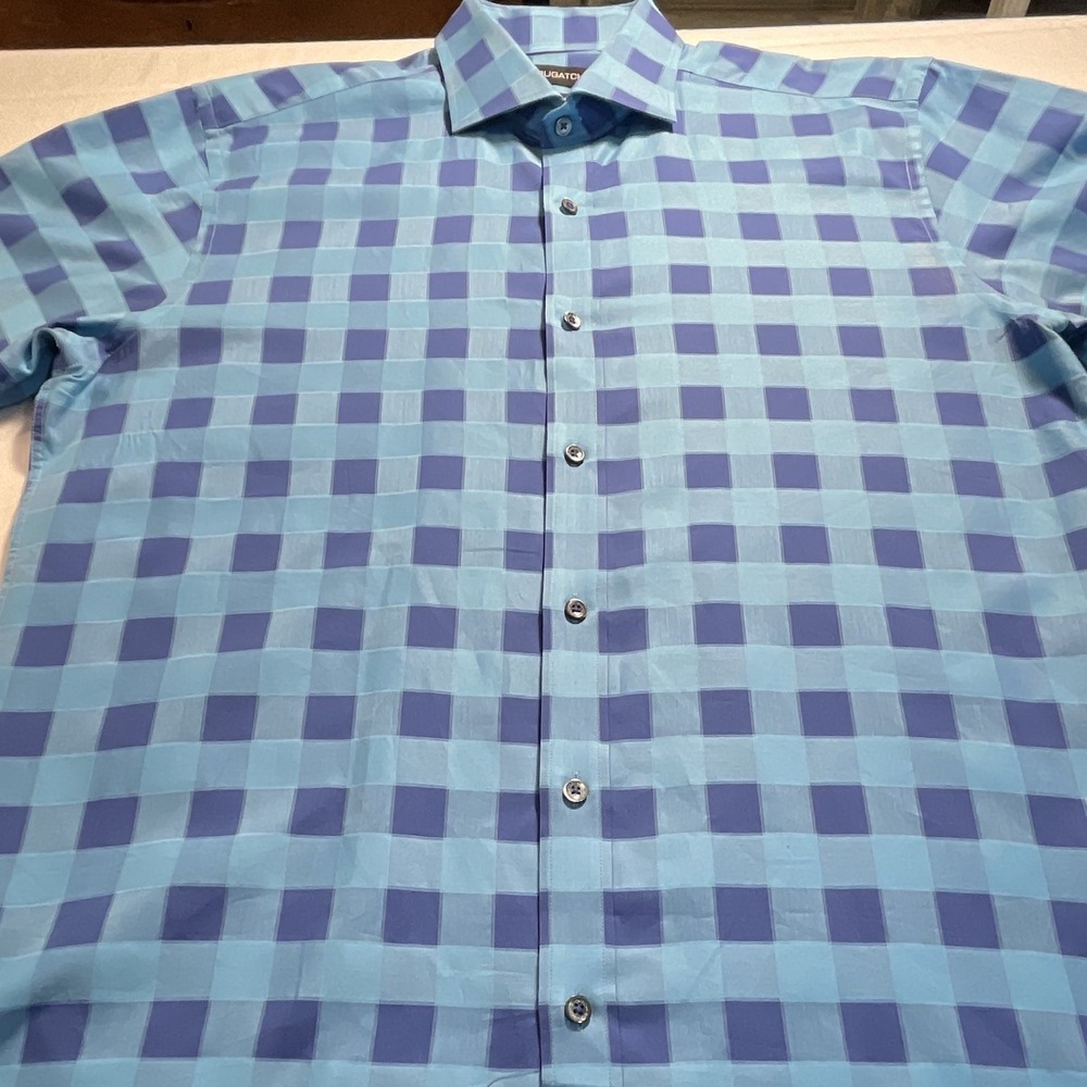 BUGATCHI Dress Shirt Shaped Fit Short Sleeve Blue Check Spread Collar Men L